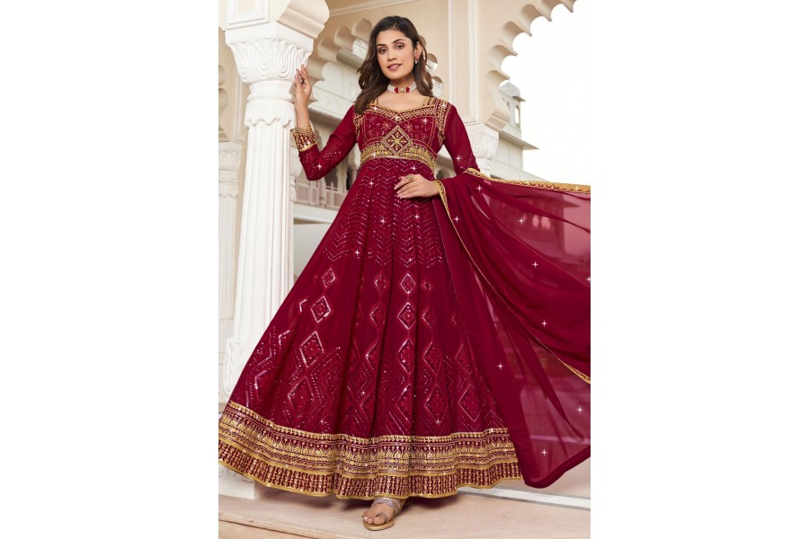 Maroon Georgette Festive Wear Anarkali Suit