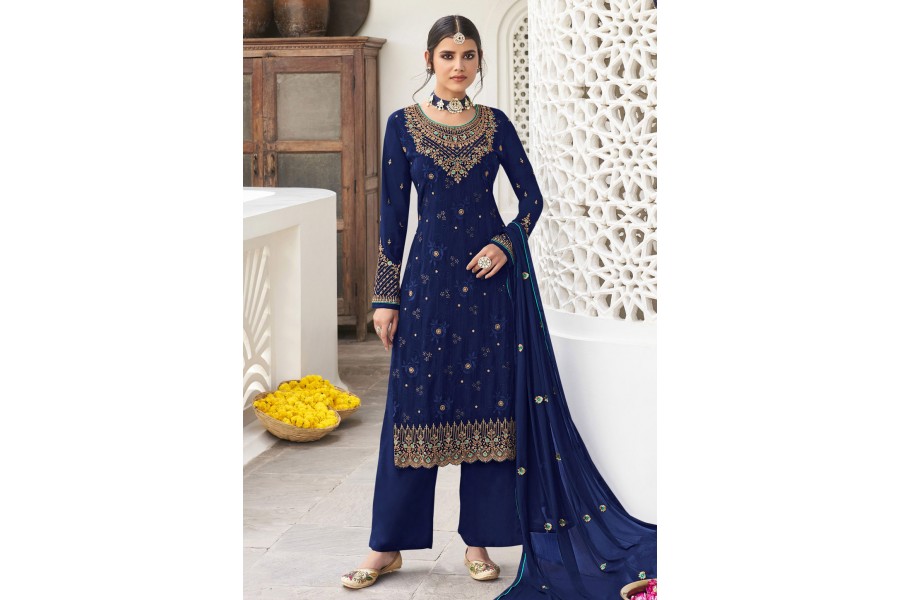 pakistani dresses in navy blue colour Navy Blue Net Designer Fancy Pakistani Style Suit main image 0