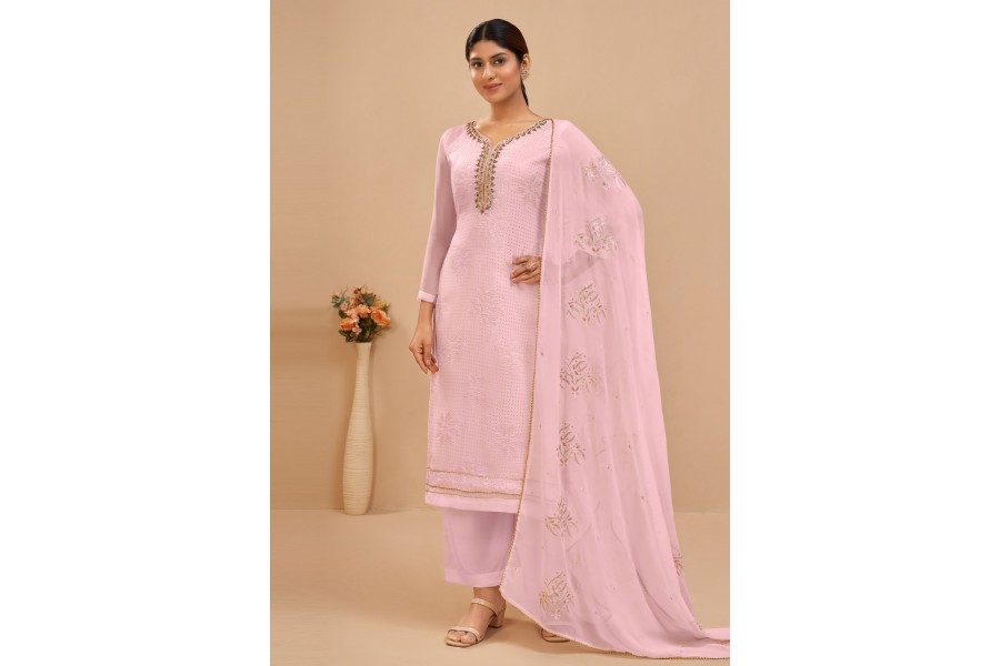 Palazzo Style Blush Pink Embellished Georgette Suit main image 0