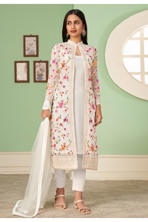 Georgette pant style suit in White colour 2052B