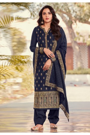 Jacquard pakistani suit in Navy blue colour 17024