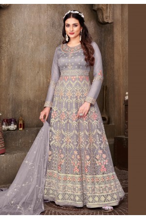 Net abaya style Anarkali suit in Grey colour 626A