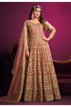 Net embroidered abaya style Anarkali suit in Golden colour 5304
