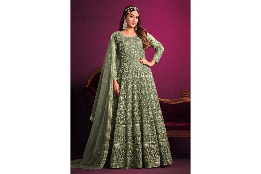 Magenta Net Abaya Style Heavy Embroidered Anarkali Suit