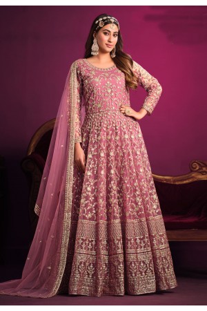 Net embroidered long Anarkali suit in Pink colour 5301