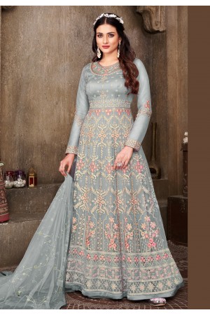 Net long Anarkali suit in Grey colour 626D