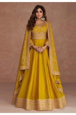 Shamita shetty Silk abaya style Anarkali suit in mustard colour 9519