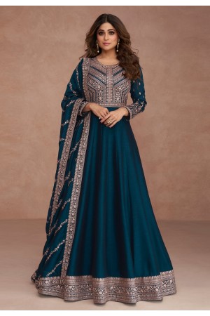 Shamita shetty Silk abaya style Anarkali suit in teal colour 9517