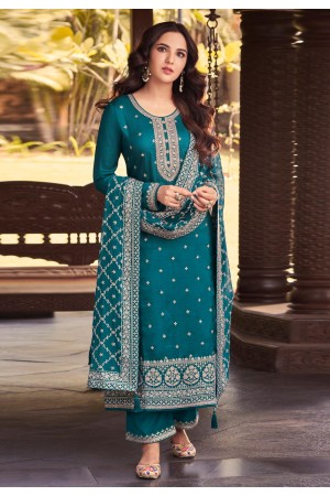 Silk pakistani suit in Teal colour 16082