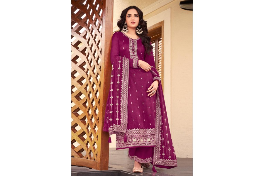 Hot Pink & Purple Premium Chinnon Silk Palazzo Suit
