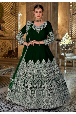 Velvet abaya style Anarkali suit in Green colour 2042D