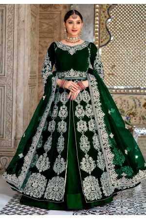 Velvet indo western lehenga choli in Green colour 2043D