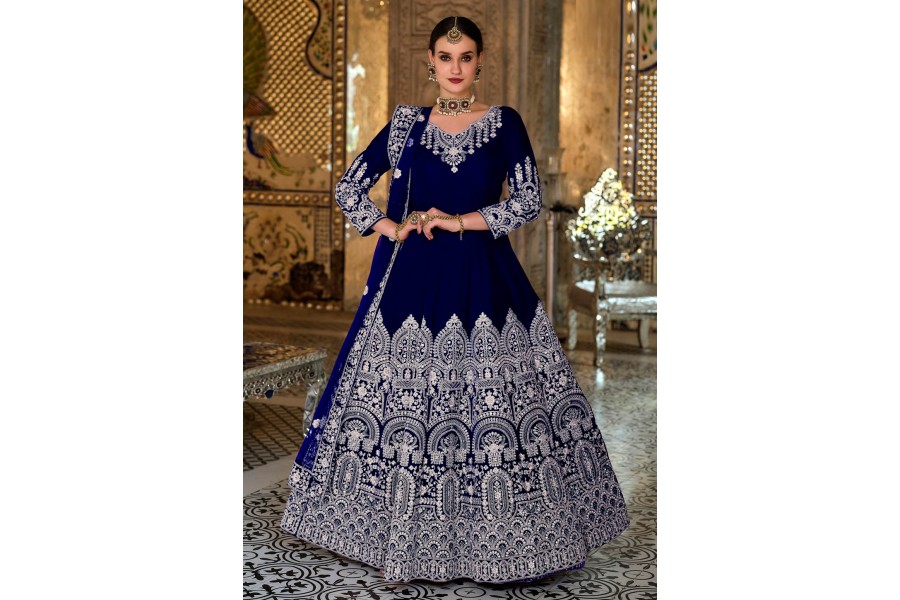 Excellent Blue Velvet Wedding Function Wear Anarkali Suit