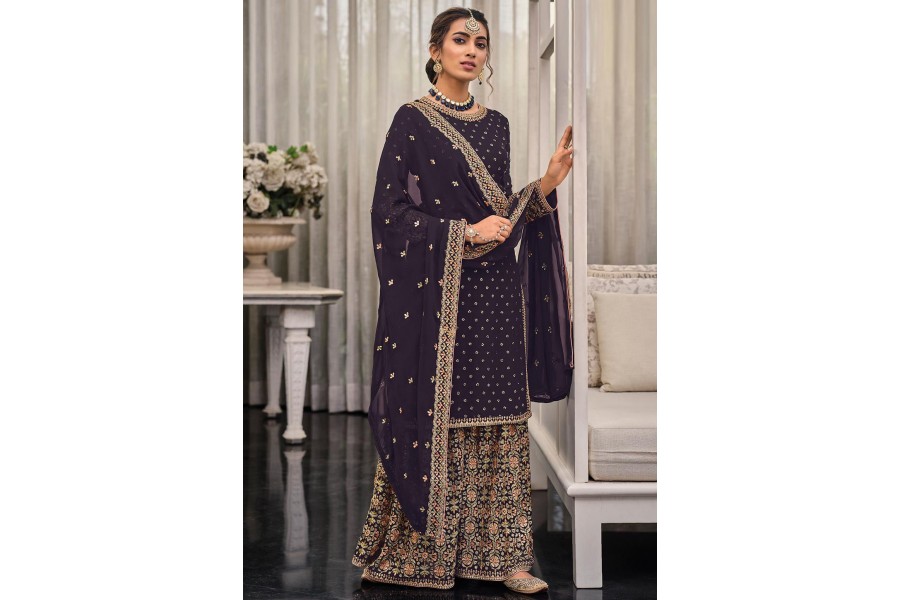 Prazu Fashion Purple Georgette Embroidered Plazzo Suit main image 0