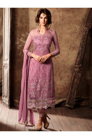 Pink color net straight cut kameez