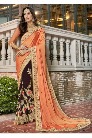 Brown Faux Georgette Embroidered Indian Wedding Saree 5007