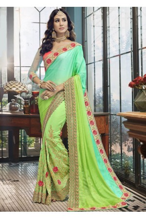 Green Faux Georgette Embroidered Indian Wedding Saree 5008