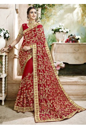 Red Faux Georgette Traditional Embroidered Saree 7501