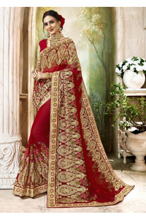 Red Faux Georgette Traditional Embroidered Saree 7502