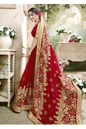 Red Faux Georgette Traditional Embroidered Saree 7503