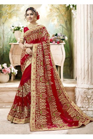 Red Faux Georgette Traditional Embroidered Saree 7504