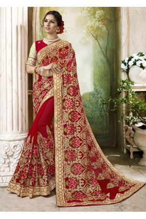 Red Faux Georgette Traditional Embroidered Saree 7505