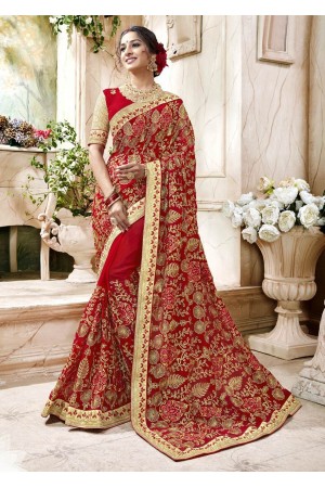 Red Faux Georgette Traditional Embroidered Saree 7507