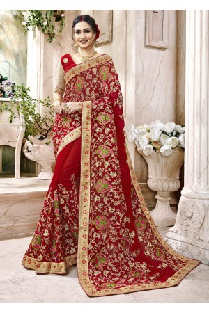 Red Faux Georgette Traditional Embroidered Saree 7508