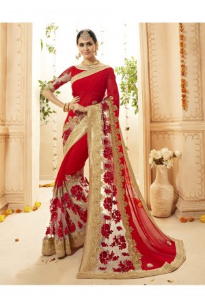 Red Georgette Net Embroidered Bridal Saree 1115