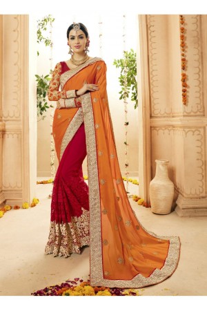 Red Satin Georgette Net Embroidered Bridal Saree 1111