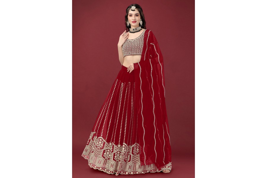 Women's Maroon Faux Georgette With Embroidered  Lehenga Choli Set