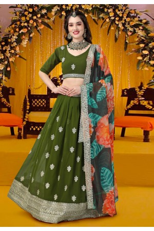 Faux georgette a line lehenga choli in Mehndi colour 15005