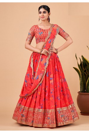 Faux georgette circular lehenga choli in Red colour 6002