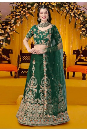 Satin silk a line lehenga choli in Green colour 15004
