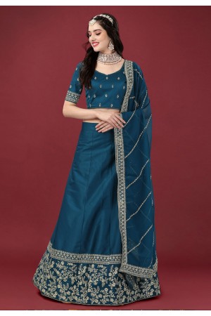 Satin silk a line lehenga choli in Teal colour 16002