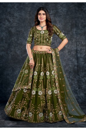 Silk circular lehenga choli in Mehndi colour 3805