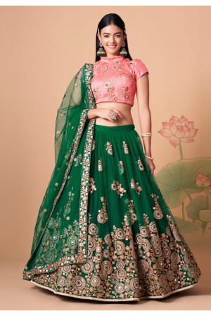 Soft net circular lehenga choli in Green colour 7316