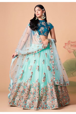 Soft net circular lehenga choli in Sky blue colour 7320