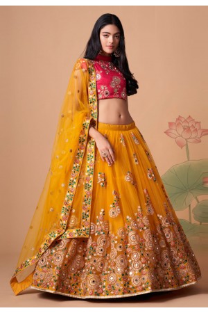 Soft net circular lehenga choli in Yellow colour 7324