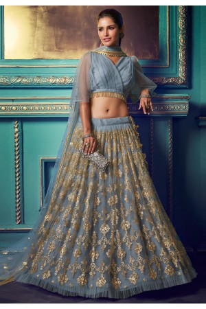 Grey net embroidered frill circular lehenga choli 4105