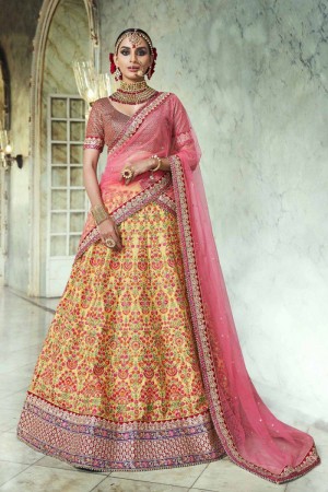 Pink and yellow handloom silk Indian wedding lehenga