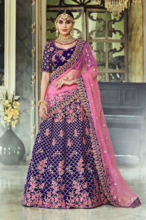 Purple and pink velvet Indian wedding lehenga