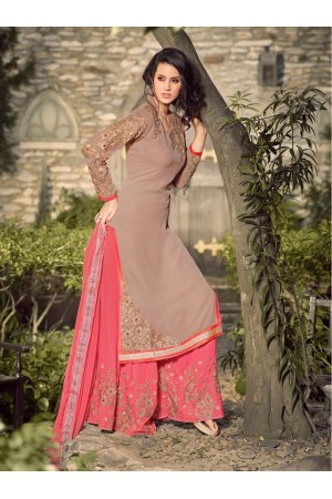 Beige and pink georgette party wear palazzo kameez