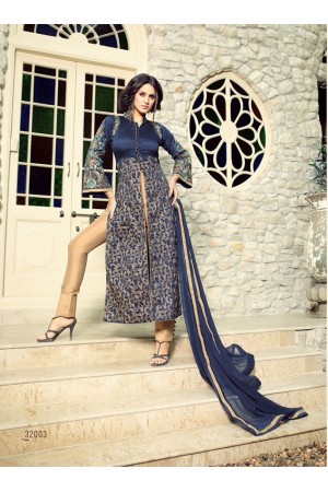 Navy blue and beige tapeta silk party wear anarkali suit