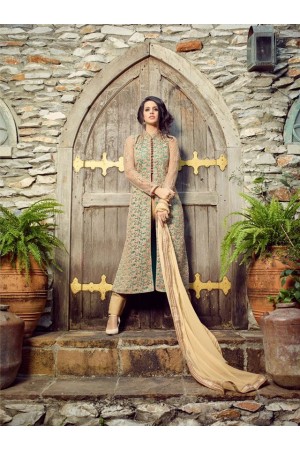 Pista green and beige  net and tapeta silk party wear suit