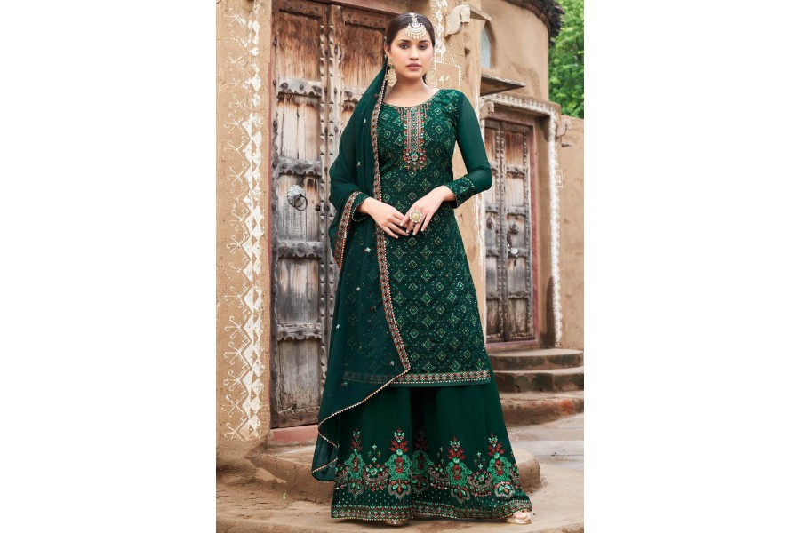 Pretty Green Georgette Embroidered Slit Style Palazzo Suit main image 1