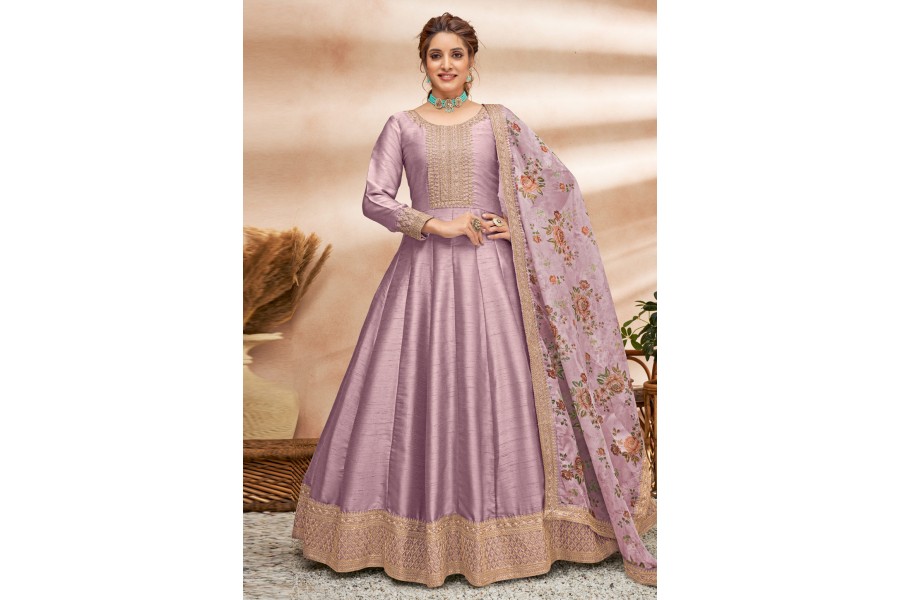 Purple Self Design Silk Anarkali Suit Set main image 0