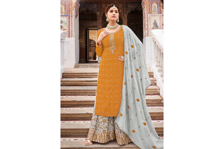 Mustard Chiffon Embroidered Pakistani Style Suit