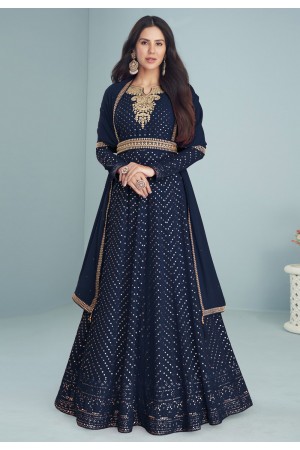 Navy blue faux georgette long anarkali suit 9291D