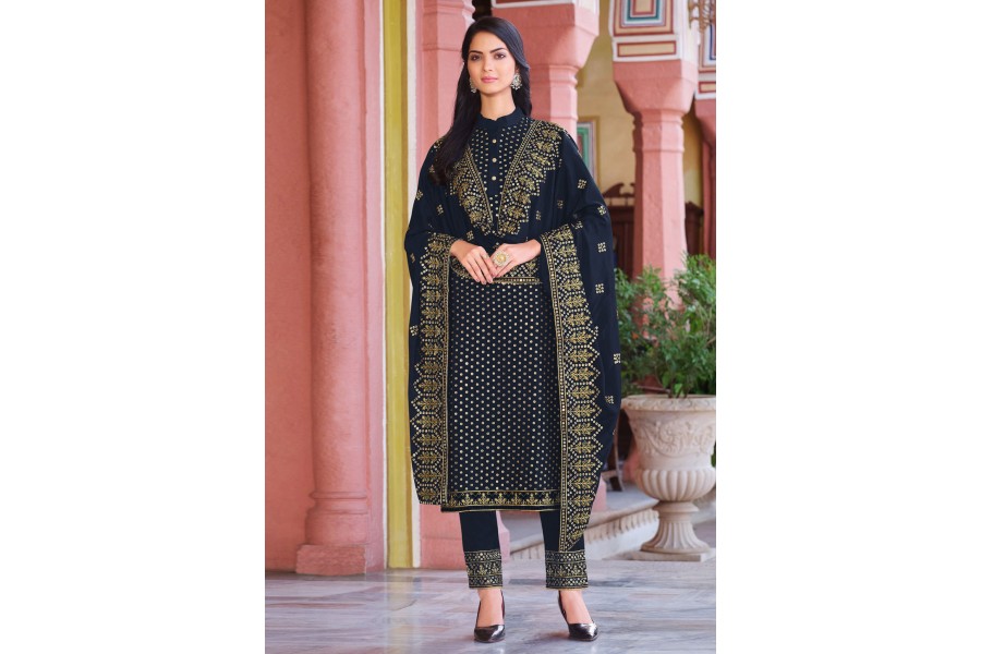Navy Blue Faux Georgette Gamthi Jacquard Weaving Lace Border Three Layer Ruffle Flair Gown